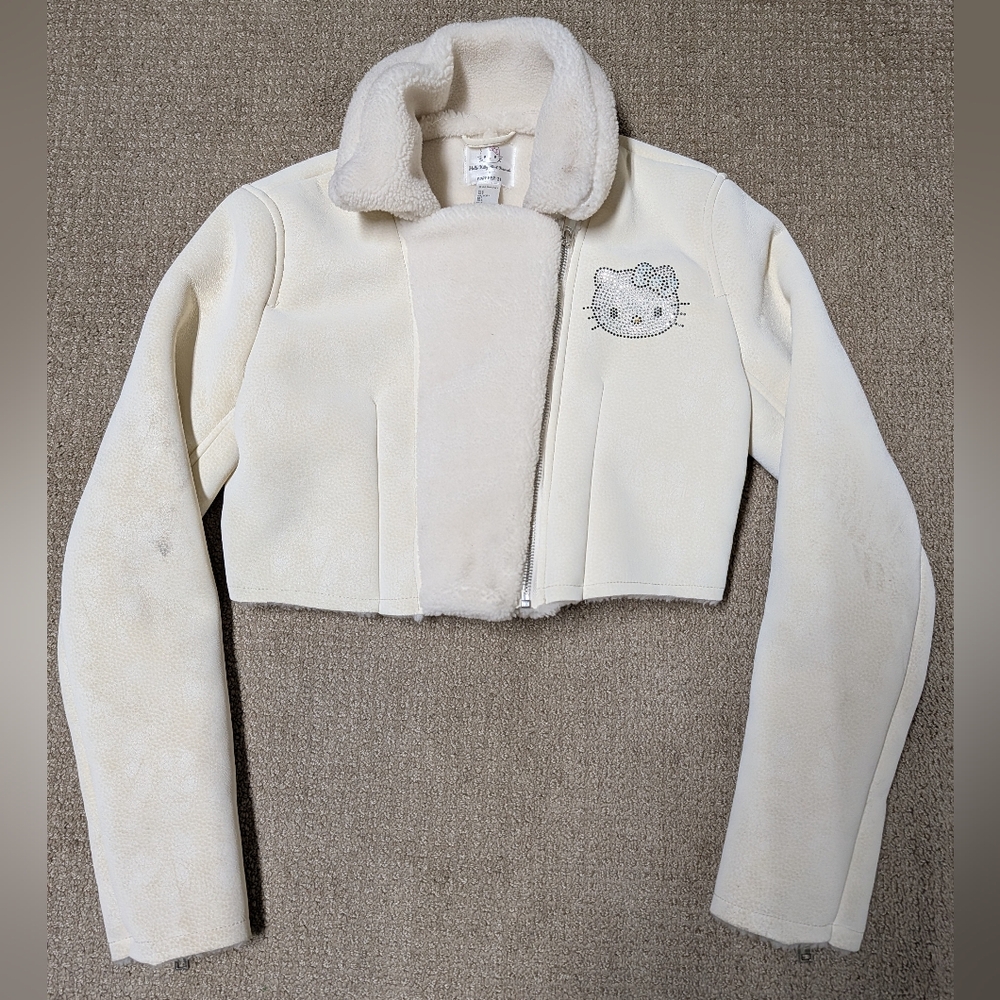 Hello Kitty Forever 21 Cropped Jacket Rhinestone Faux Fur White Kawaii Y2K